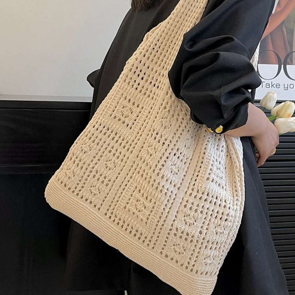 

Women'S Shopping Bag Vintage Woolen Tote Bag Handmade Crochet Bag Retro Hollow Out Handbag For Casual Outfits Travel Women'S