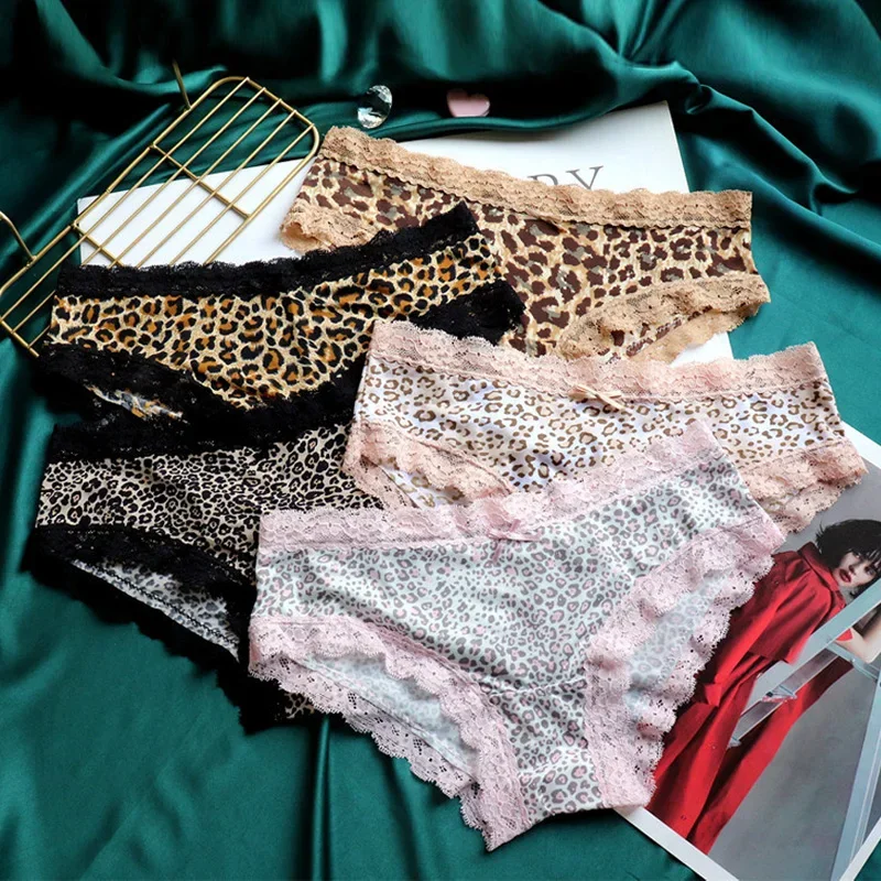 

Fashion Women's Briefs Sexy Lace Panties Silk Low-rise Leopard Print for Girl Cotton Crotch Comfortable Lingerie