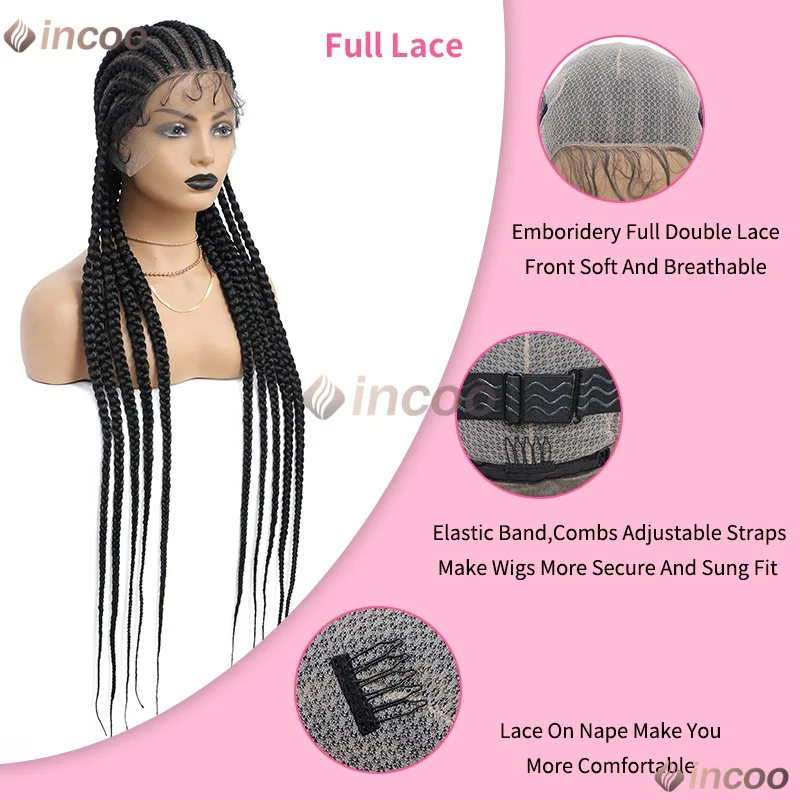 36インチ コーンロウブレイズ ベビーヘア付き 合成ウィッグ 360フルレースウィッグ 黒人女性用 ボックスブレイズ ブラックウィッグ