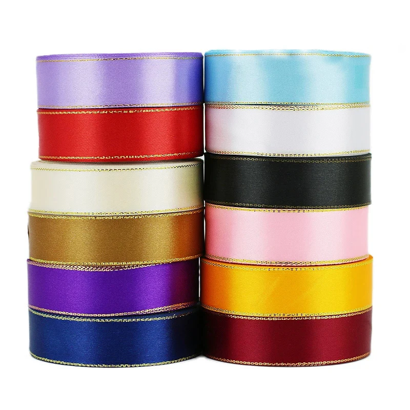 (25 Yards/roll) 25mm Gold Edge Satin Ribbon Wholesale High Quality Handmade DIY Gift Packaging Ribbons