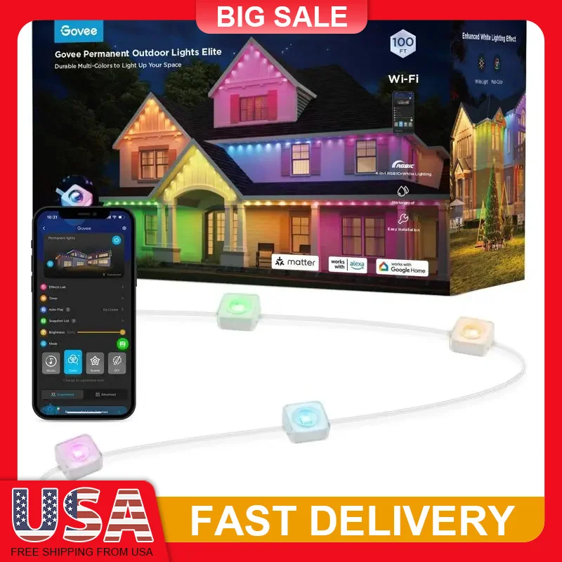 

100ft RGBICW Permanent Outdoor String Lights 72 LED Waterproof Smart App Voice Control for Eaves Fence Holiday Christmas