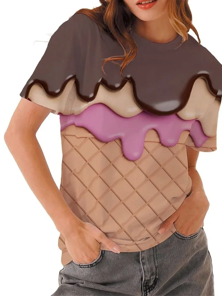 

3D Digital Print Melting Ice Cr Pattern Full Body T-irt Women's Cleanfit Sle Winter Collection Ladies Faion Top