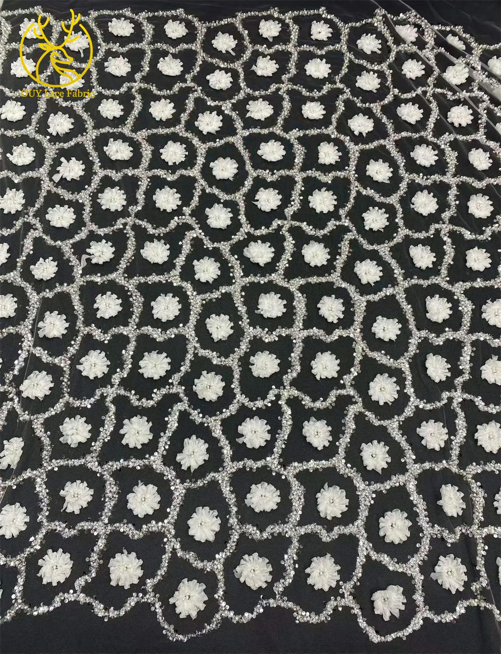 Elegantes Abendkleid 3D-Blumen-Spitzenstoff Afrikanischer Pailletten-Perlen-Spitzenstoff Hochwertiger Nigerianischer Französischer Tüll-Spitzenstoff – Detail 17