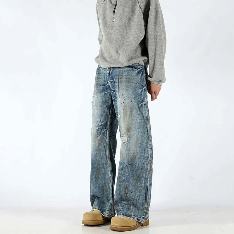 

American Retro Dirty Design Ripped Baggy Jeans Men's Hip Hop Graffiti Printed Straight Denim Pants Punk Y2K Streetwear Jean