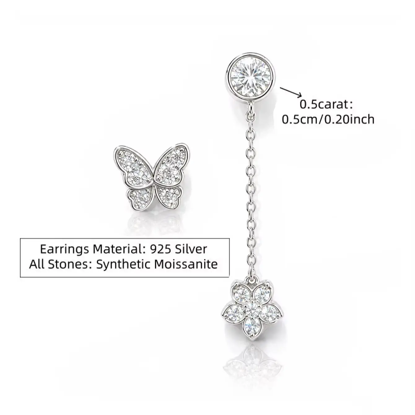 Asymmetrische Schmetterlings-Ohrringe für Damen – 925er Sterlingsilber mit 0,5 Karat Moissanit – Detail 5