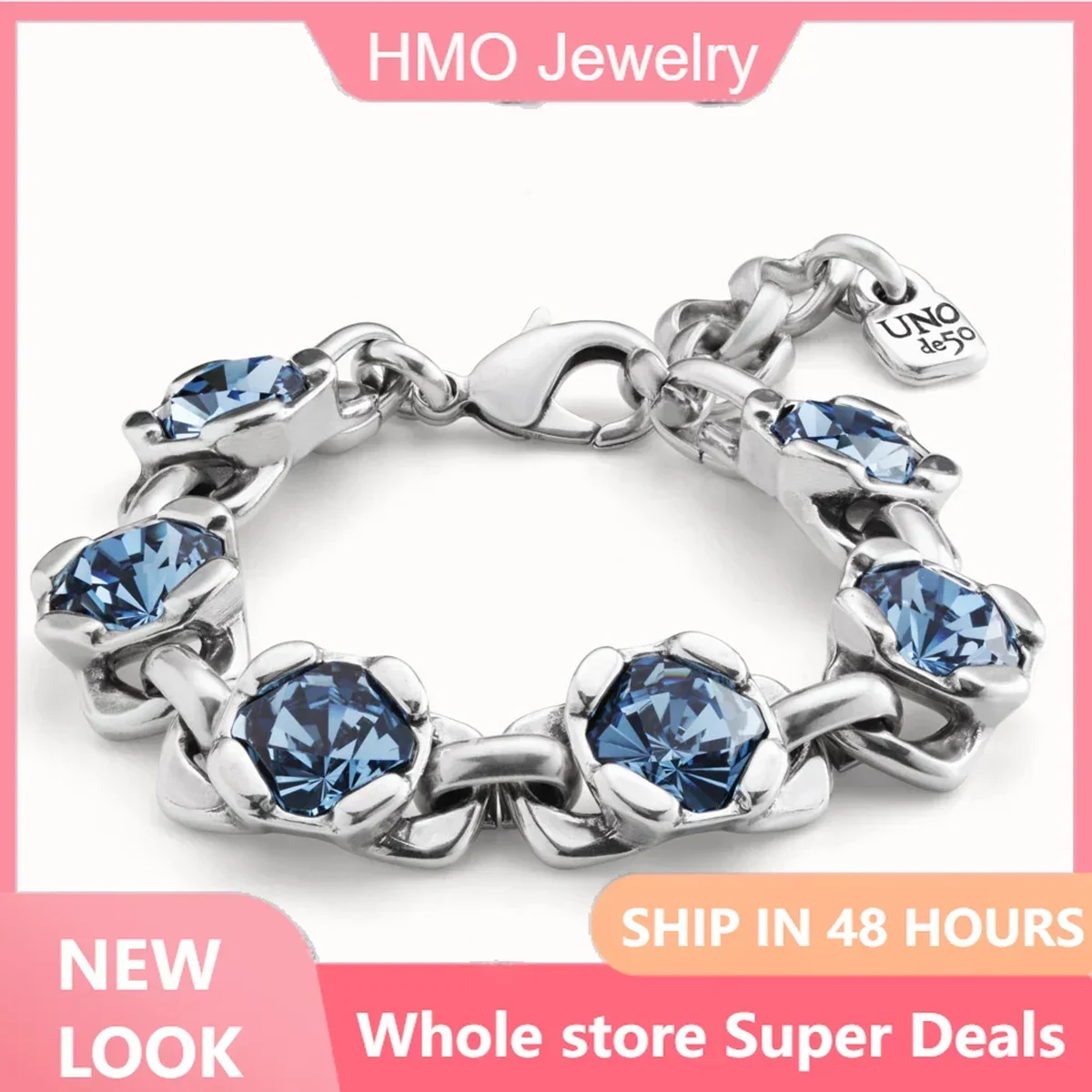 

2024Original Design Spain UNOde50 Jewelry Fashion Exaggerated Luxury Blue Crystal Bracelet Women High Quality Birthday Gift