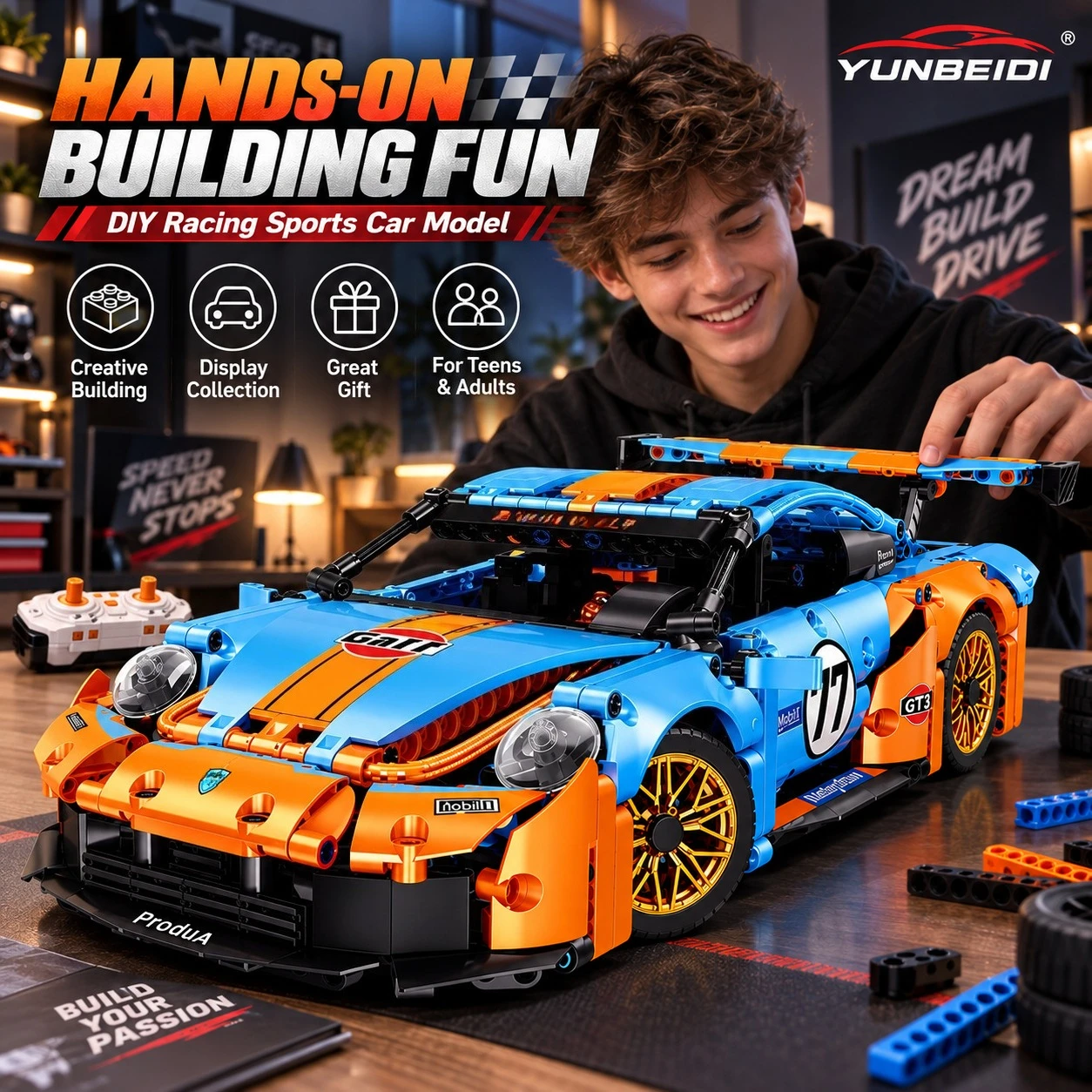 1:14 Motorized Building Race Car DIY Sports Car Model Remote Control Assembly Blocks Toy Creative Gift for Kids Teens Adults