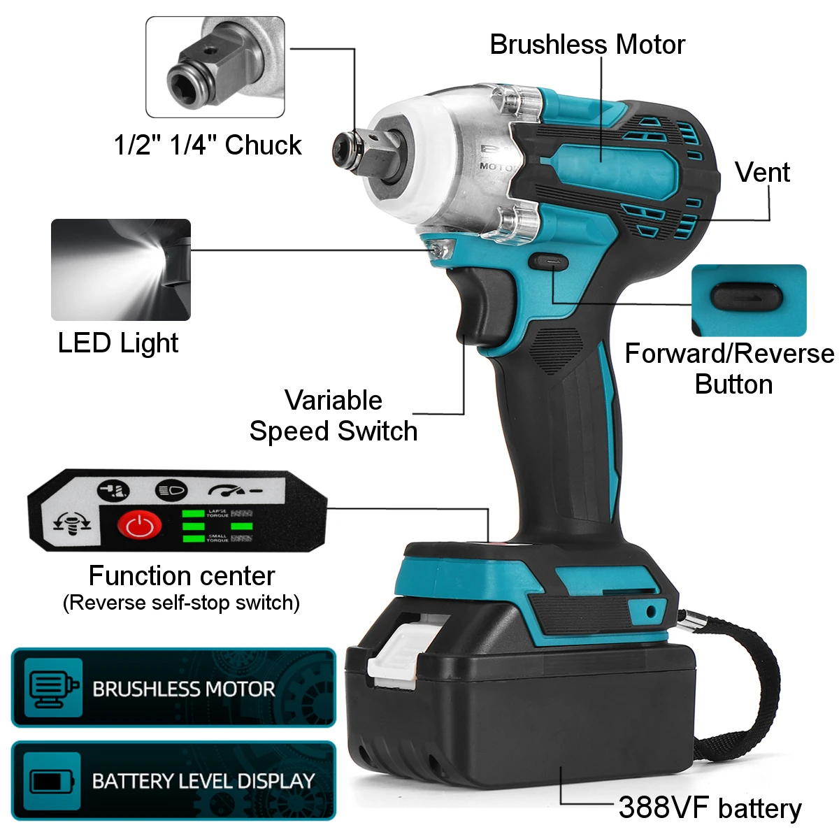 388VF 588N.m Brushless Cordless Electric Impact Wrench W/Li Battery Power Tools 1/4\