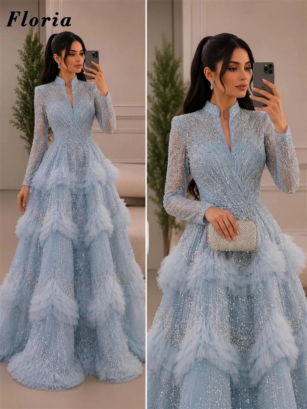 Arabic Light Blue Cocktail Party Gowns Customized Beaded Sequined Evening Dress Vintage Tiered Skirt Engagement Gowns Prom Robes