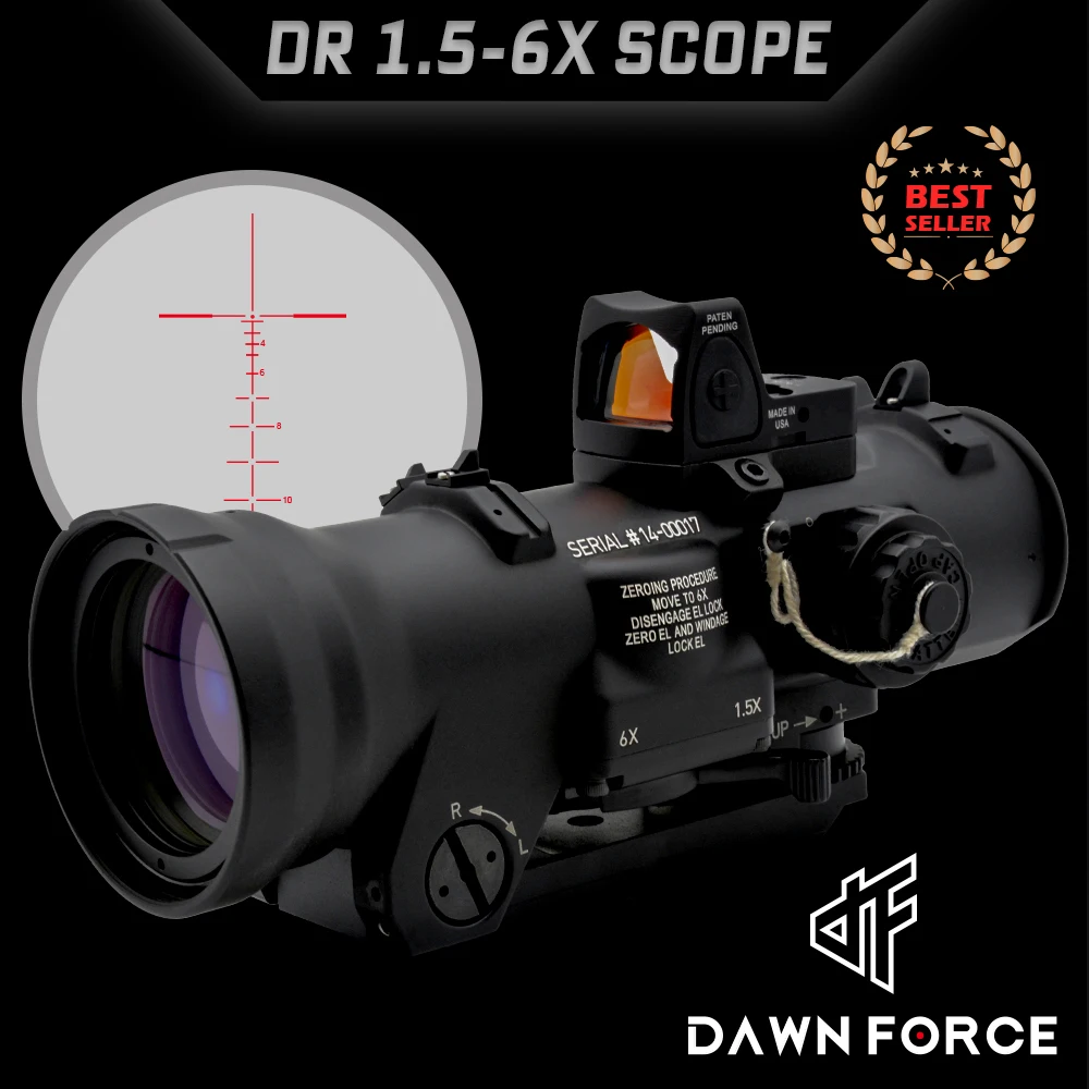 

DAWNFORCE DR 1.5-6X Tactical Riflescope Optics Sight with Red Illumination Reticle for Hunting Milspec Airsoft with Full Marking