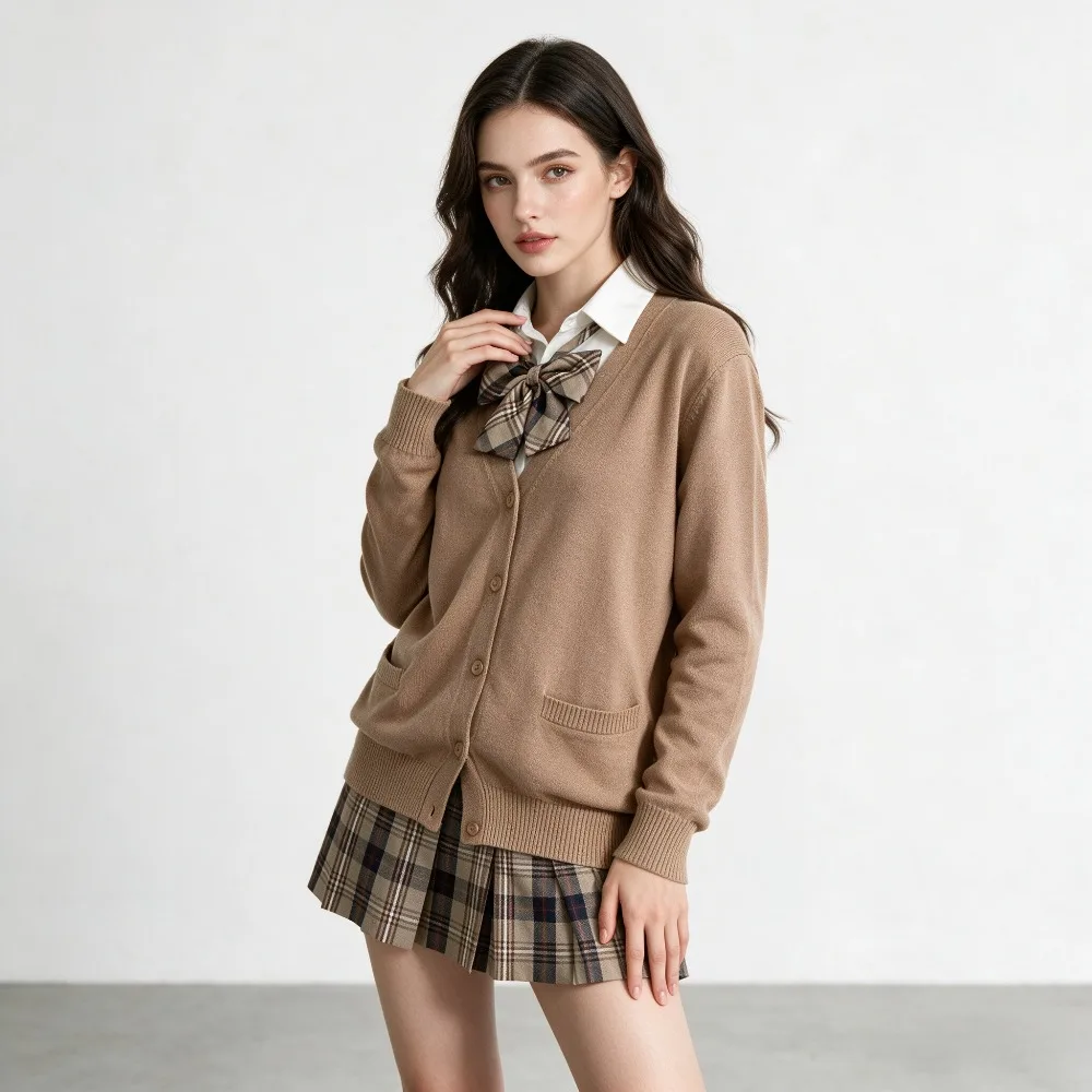 Preppy JK School Uniform Suit Plaid Pleated Skirt With Knit Cardigan For Campus Back To School Season Daily Student Outfit