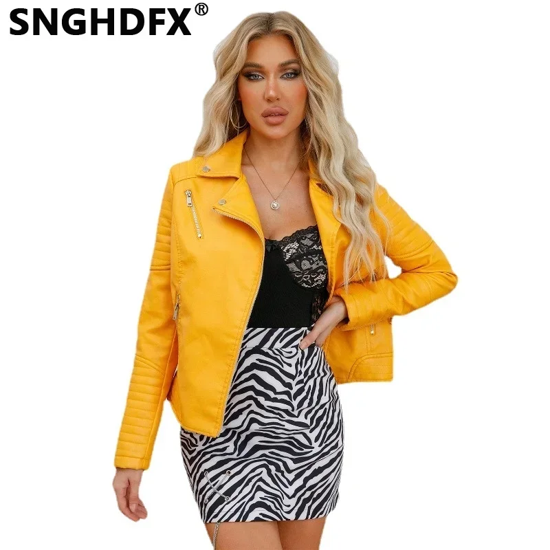 

SNGHDFX Women's Coats Jackets Female Clothing Winter Turndown Collar Zippers Long Sleeve PU Leather Tops 2024 New Spring Autumn