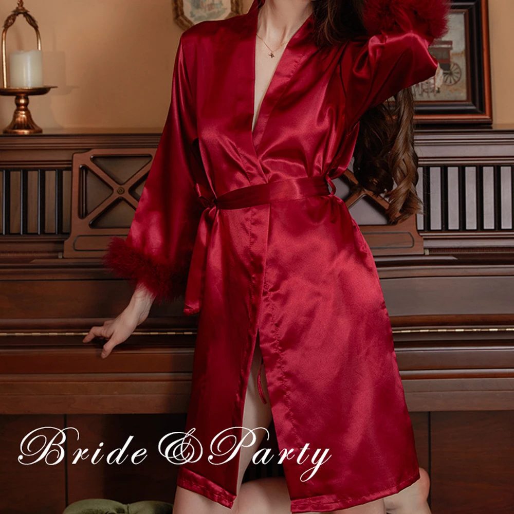 Kimono Bride Bridesmaid Robe Wedding Bathrobe Gown Feather Loungewear Women\'s Embroidery Letter Sleepwear Short Satin Nightgown