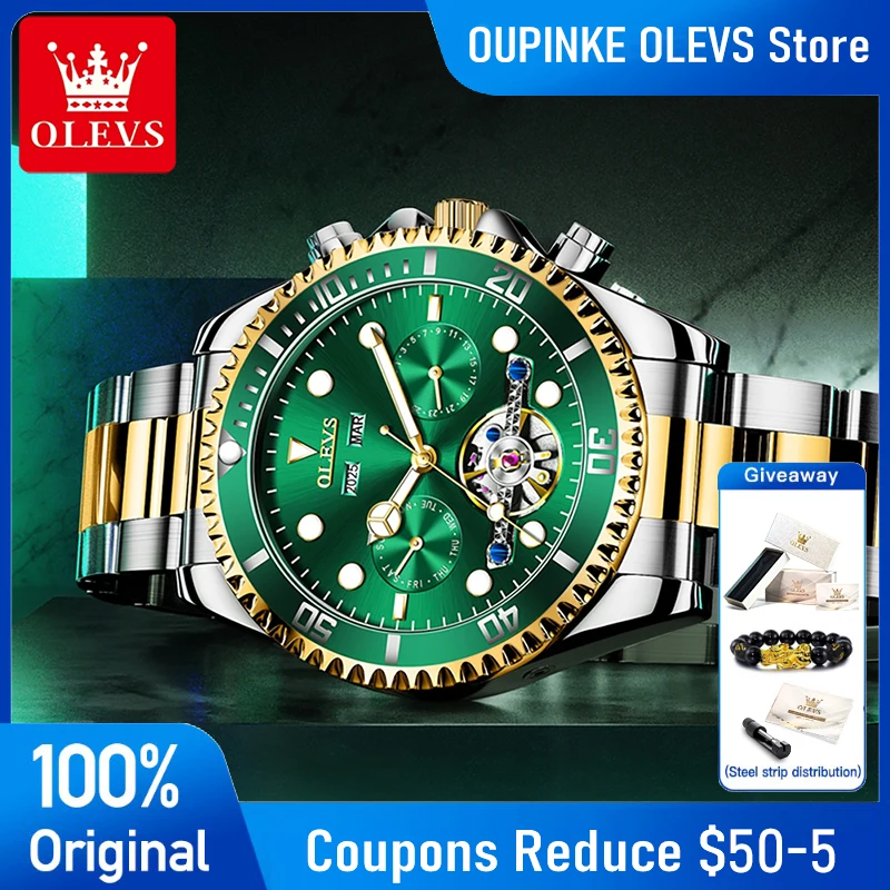 

OLEVS 6605 Mens Watch Flywheel Automatic Mechanical Watch Waterproof Week Date Watches For Man High Quality Original Luxury Box