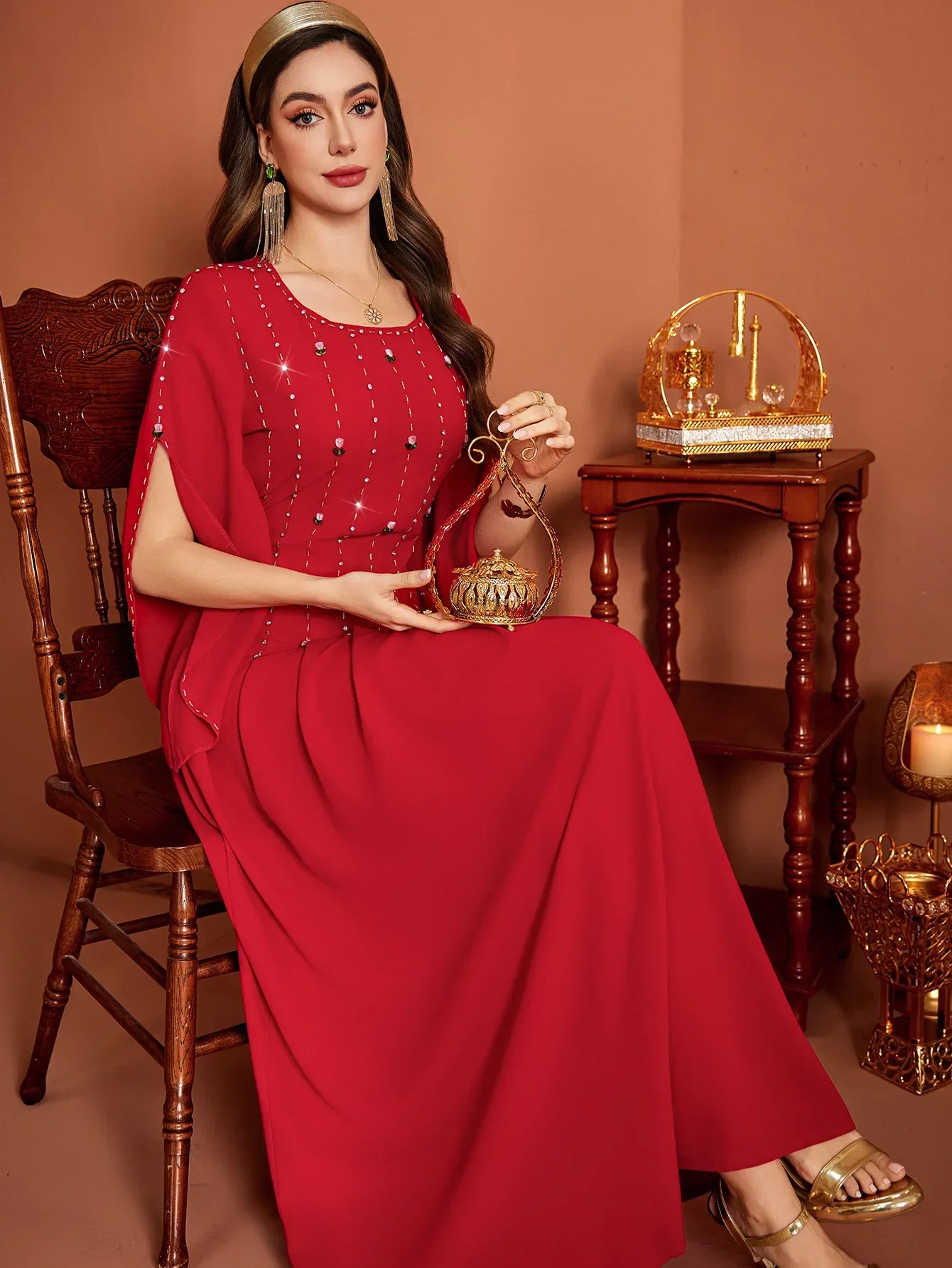 Eid Muslim Dress Women Abaya hand-stitched Diamond Beading Party Long Vestidos Largos Caftan Jalabiya Ramadan Arab Long Robe