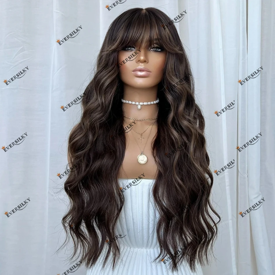 Loose Wave Human Hair Fringe Cool Brown Highlight Lace Front Wigs for Black Women 200Density Full Lace Wigs Remy Indian Hair Wig