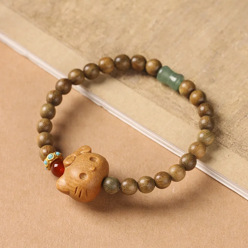 Sanrio New Kawaii Hellokitty Original Natural Sandalwood 6mm Prayer Beads Slim Bracelet Cute And Versatile Healing Bracelet Gift