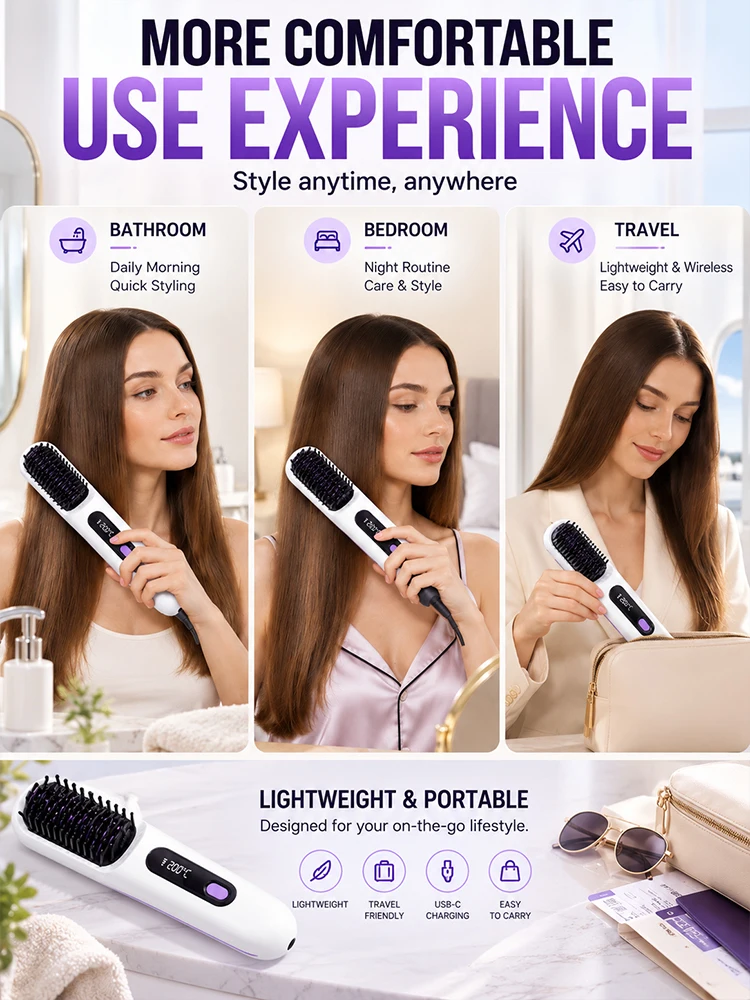 Cordless Hair Straightener Brush Electric Heated Comb USB Rechargeable 4 Temperature Levels Digital Display for Women Travel