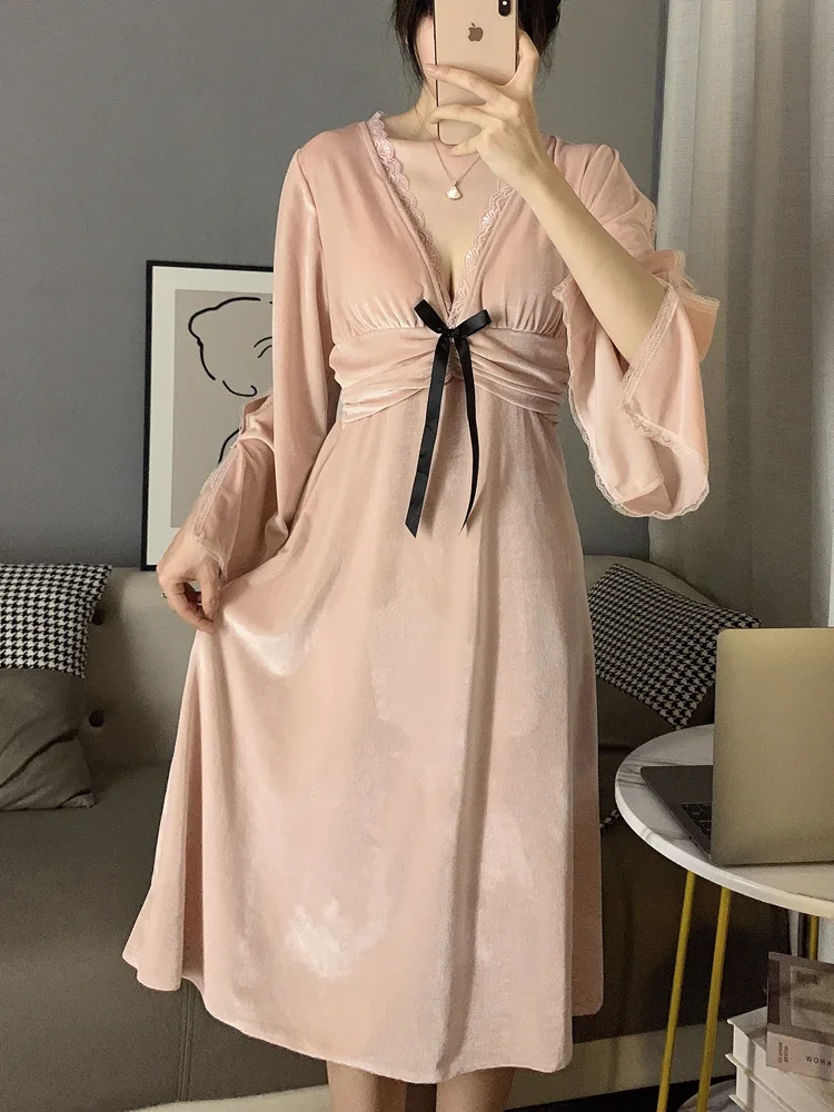 Women's Pajamas Lace Court Style Autumn/Winter Long Sleeve Girly Casual Sleepwear Nightgown Elegant Romantic