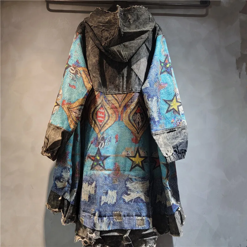 [ZOCI] New Street Trendy Knitted Splicing Blue Printed Hoodie Medium To Long Cardigan Coat Women