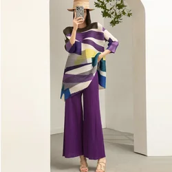 Miyake-traje plisado para mujer, conjunto de dos piezas a la moda, nuevo estilo estampado, Top de longitud media, pantalones de pierna ancha, otoño e invierno, 2023