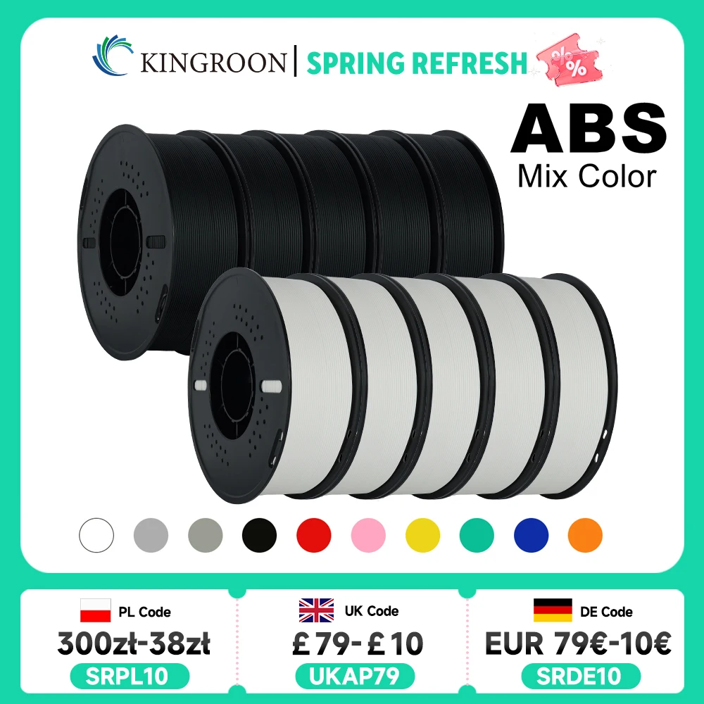 

KINGROON 5KG(11LBS) ABS Filament 1.75mm High Strength Toughness 3D Printer Material Black White Multicolor ABS 1kg*5 Roll