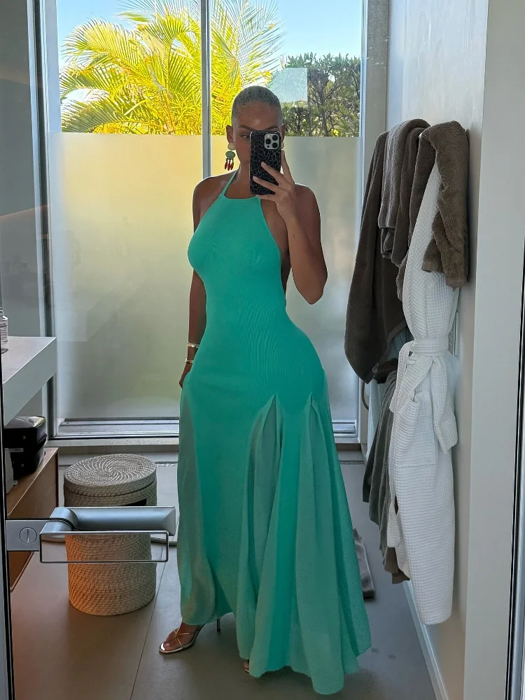 Damen Neckholder-Maxikleid mit offenem Rücken, geripptem Strickoberteil und fließendem Chiffon-Saum – figurbetontes Sommer-Abendkleid für Urlaub und Party – Detail 2