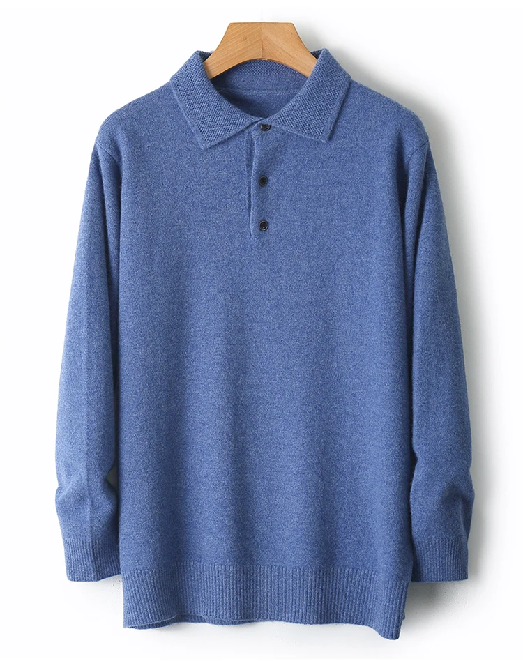 LHZSYY 100%Merino Wool Hot Cardigans Men Lapel Pullover Long Sleeve POLO Neck Sweaters Loose Tops Knit Clothing Large Size Shirt