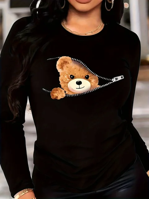 Teddy Bear Print Crew Neck T shirt Casual Long Jesienno-zimowy top damski z długim rękawem T-shirt luźny wygodny czarny biały