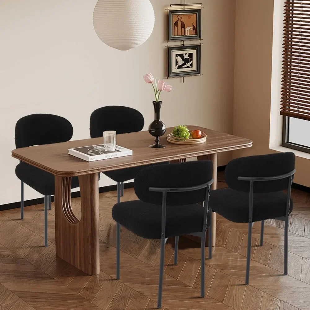 Black Boucle Dining Chairs, Kitchen  Room Chairs Curved Backrest Comfortable Upholstered Mid Century Modern