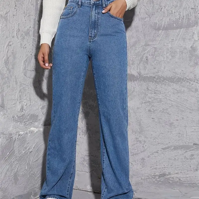 

High Waist Straight Leg Jeans Women's Street Sle Long Pants Blue Color Fall Season Faion Ladies' Denim Trousers