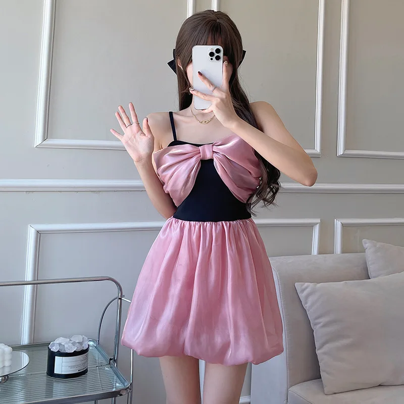 Traje de baño sexy de moda coreana con lazo, monos de una pieza, mini vestido de retazos, culottes, bikinis, traje de baño acolchado, trajes de playa dulces