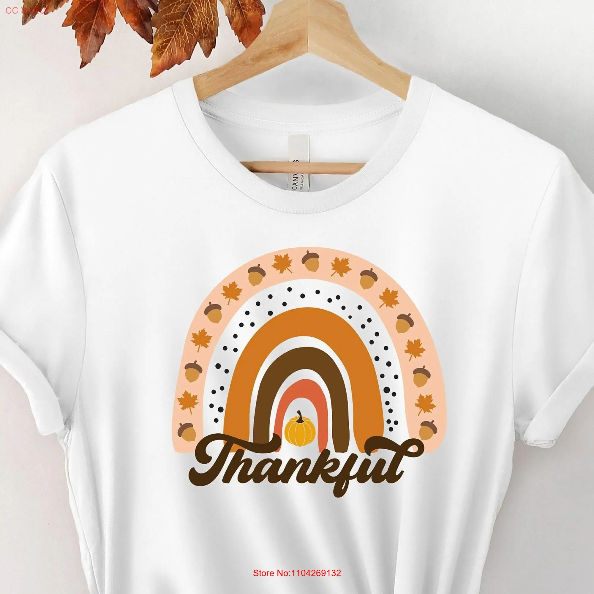 Thankful Rainbow T Shirt Fall Pumpkin Thanksgiving For Women long or short sleeves