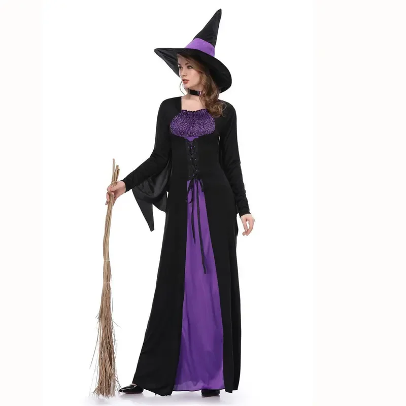 ผู้หญิง Wicked สีม่วงชุดแม่มดปาร์ตี้ฮาโลวีนคอสเพลย์ชุดผู้หญิงผู้ใหญ่น่ากลัวสีม่วง Carnival Performance เสื้อผ้า