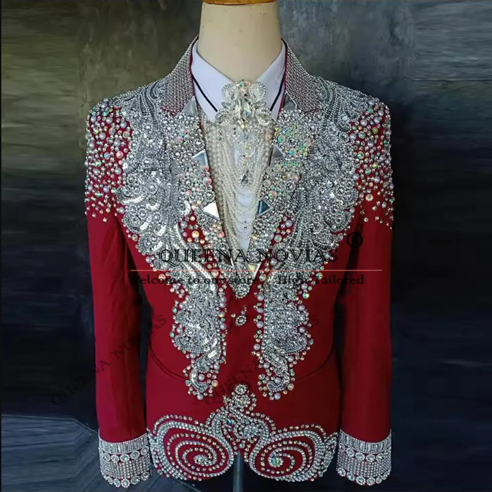 Jewelry Stones Ornament Red Suits Men 2 Piece Set Peaked Lapel Prom Blazers Customized Man Banquet Groom Wedding Tuxedos Outfits
