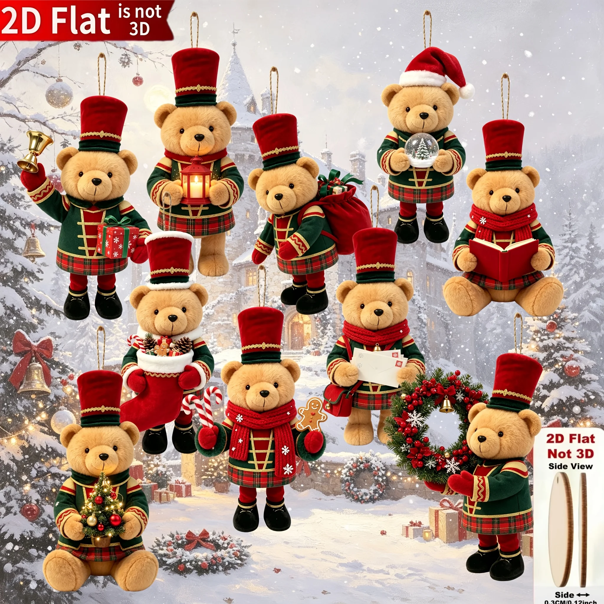 20/10 Stück, zufällig sortierte, flache, handgefertigte Weihnachtsornamente in Bärenform aus Holz, mit verschiedenen Weihnachtsmotiven, geeignet für Bäume, zur Dekoration von Wohnräumen, für Partys und als Weihnachtsge – Detail 2