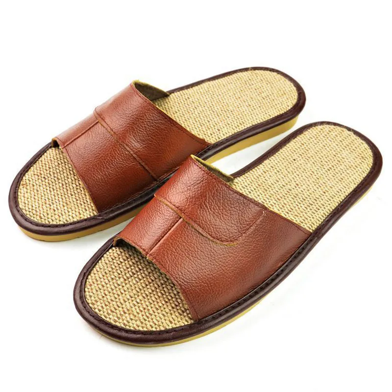 2023 New Famous Brand Casual Men Slippers Shoes Summer Leather Slippers Summer  Linen Sole Shoes  Flip Flops Fast Shipping