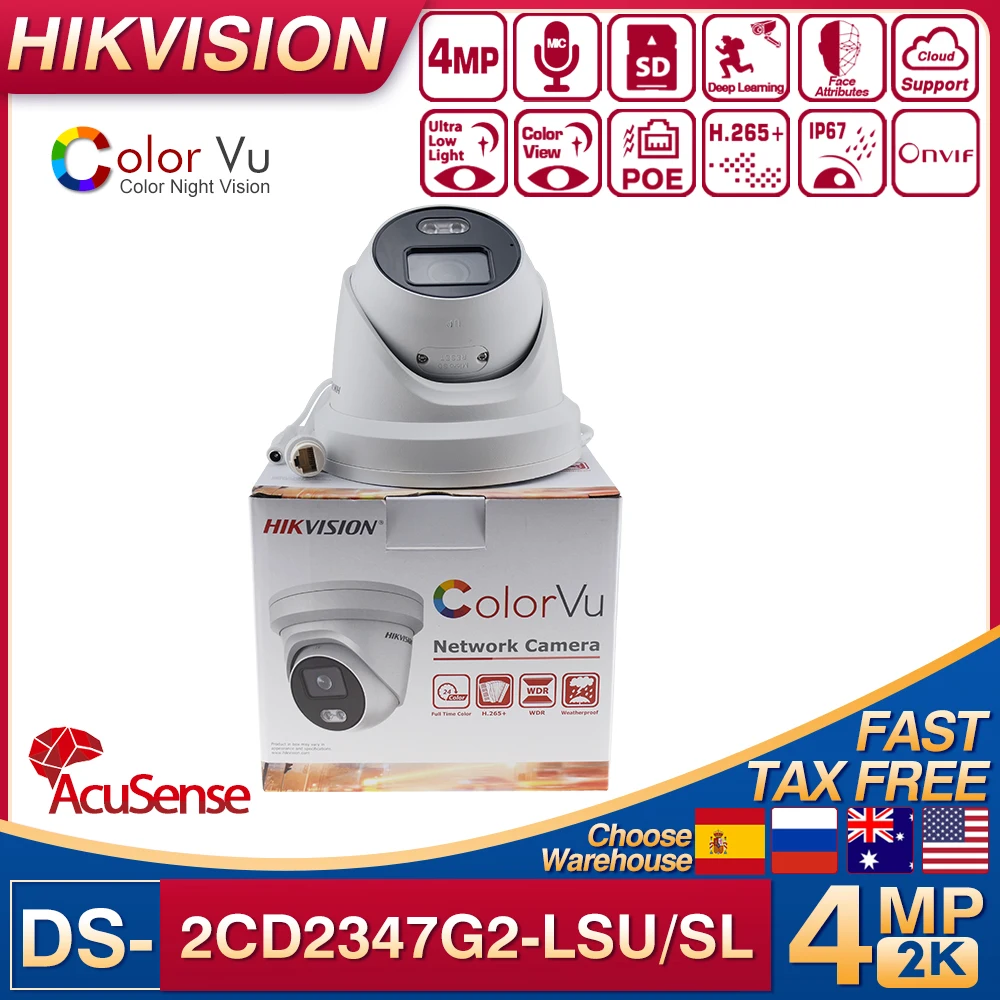 

Hikvision 4MP Acusense ColorVu IP Camera DS-2CD2347G2-LSU/SL Two-way Audio Strobe Light Audible Warning Turret Network Camera