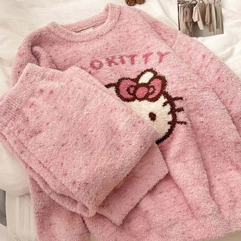 Cute Hello Kittys Coral Fleece Plush Pajamas Set Cartoon Sanrioed Women\'s Autumn Winter Pijama Thicken Flannel Home Clothes Warm