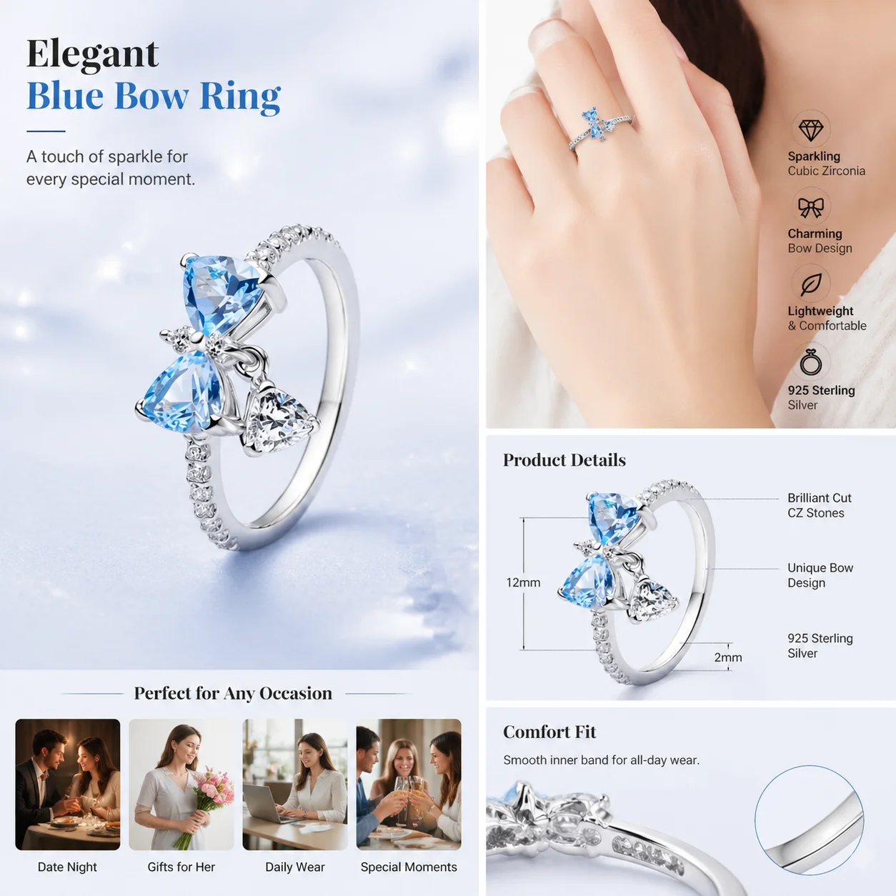 

Elegant Bowknot Ring S925 Silver Aquamarine CZ Paved Design Fashion Jewelry Engagement Party Ring for Women