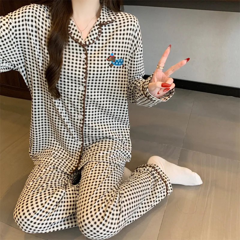 

Women's Hot Selling Long Sleeved Sleepwear Home Suit Set, Spring Checkered Embroidery Dog Long Sleeved Long Pants Sleepwear Set