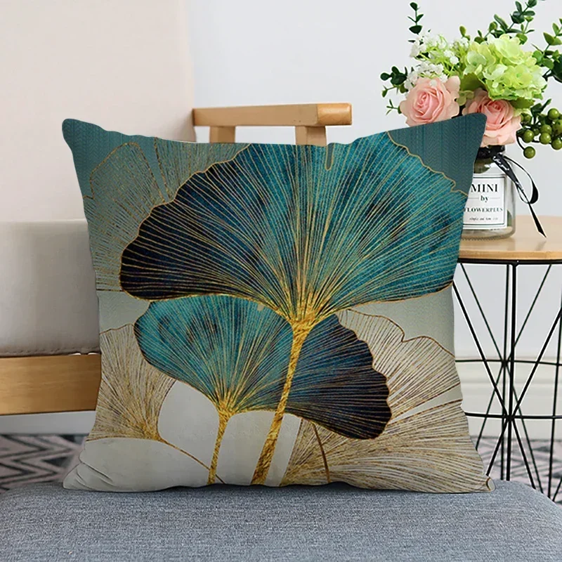 45x45cm Ginkgo Biloba Polyester Cushion Cover Waist Pillow Case Black Golden Leaves  Living Room Chair Sofa Home Decoration