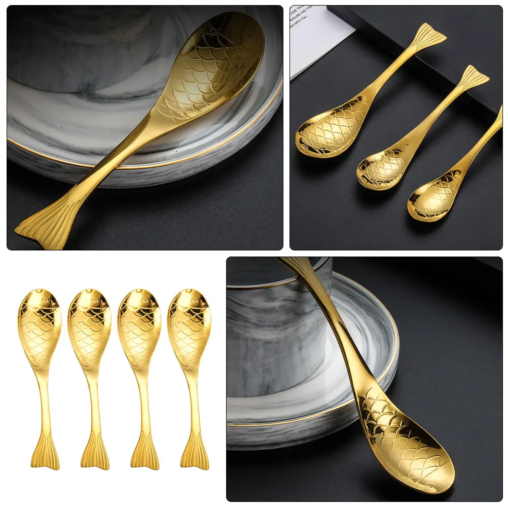 

4 Pcs Fish-shaped Cartoon Spoon Soup Cute Spoons Mixing Metal Serving Golden for Chinese Child