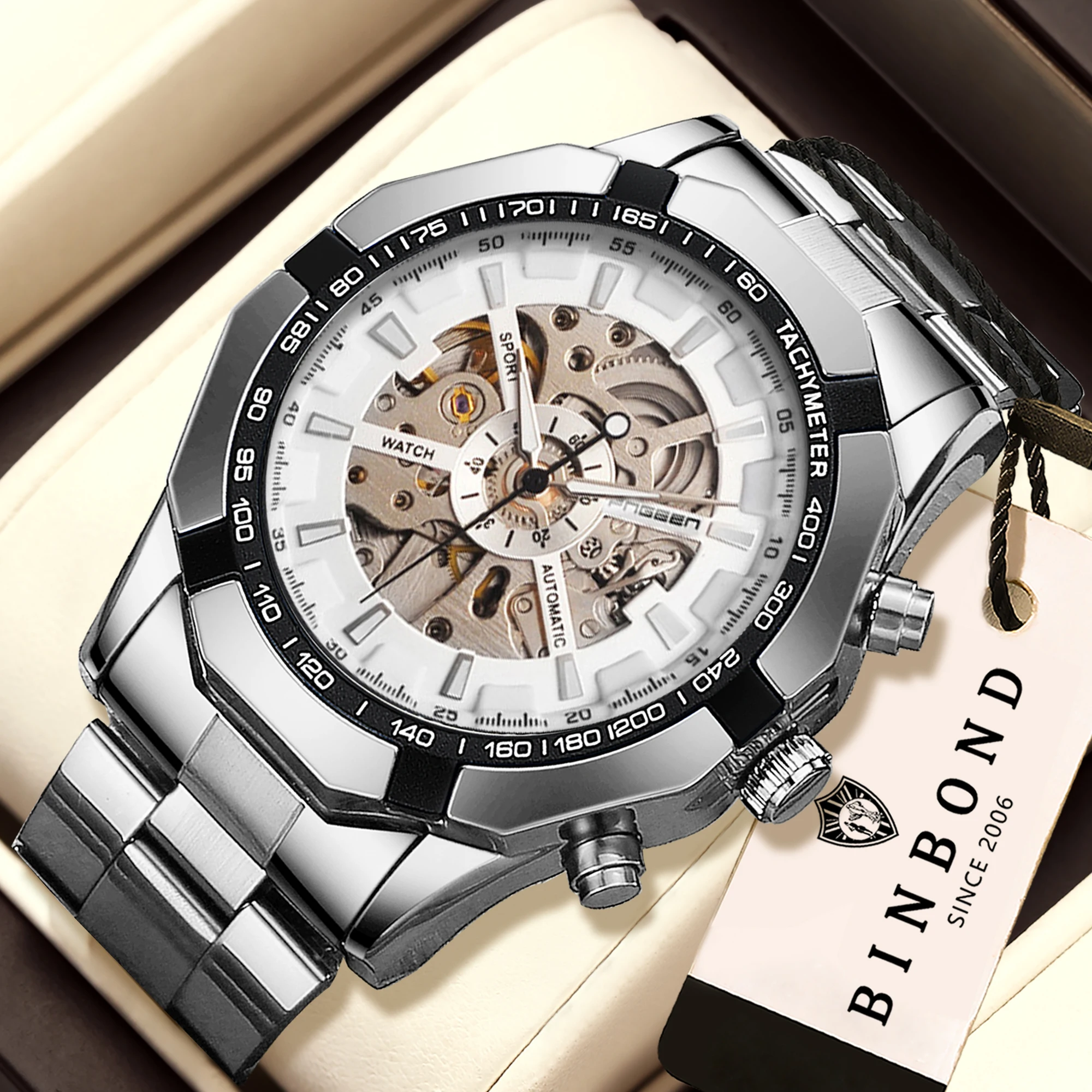 BINBOND Automatic Skeleton Men's Watch Precise Tourbillon Mechanical Watches For Men Luxury Luminous Waterproof Original Reloj