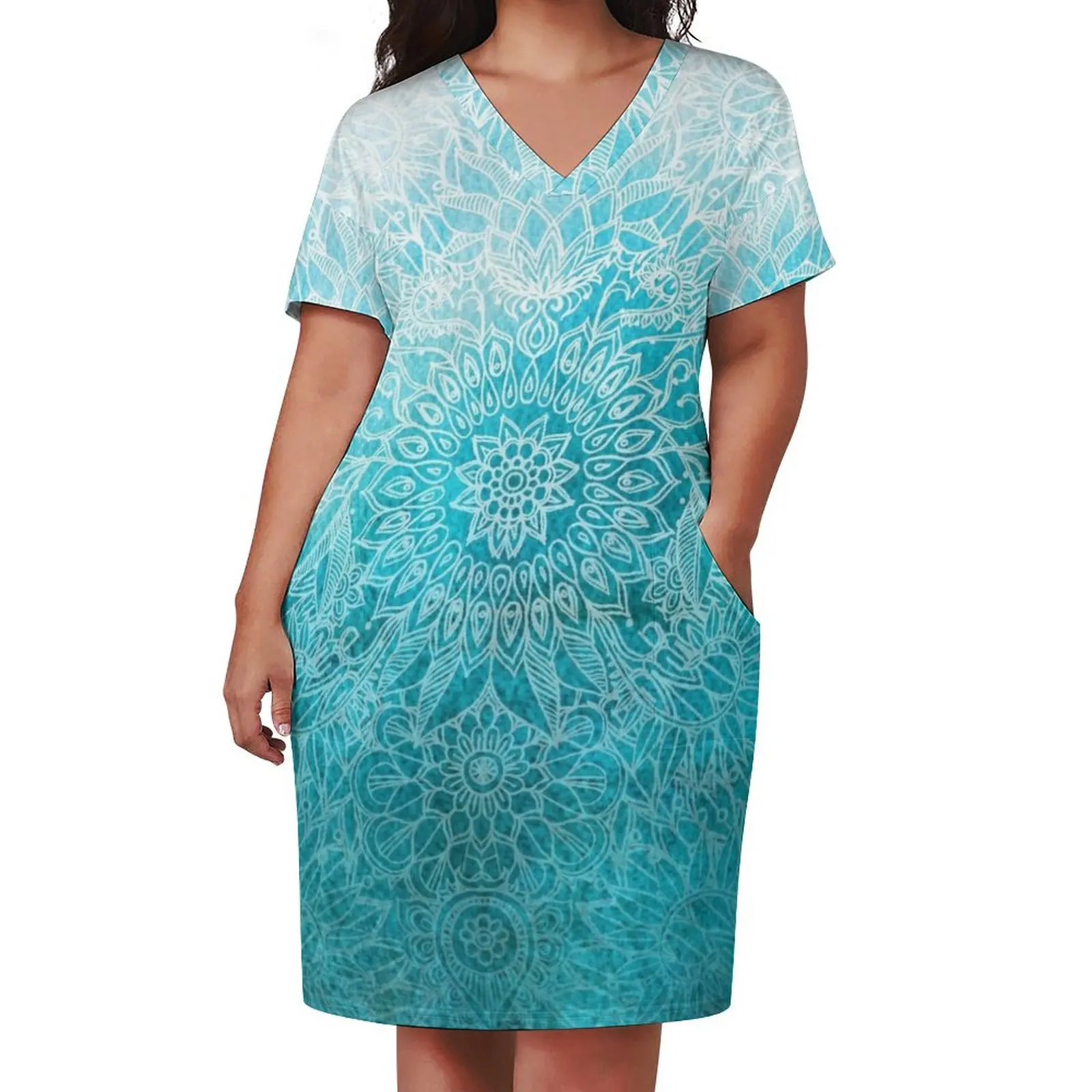 Fade to Teal - watercolor + doodle Loose Pocket Dress women dress summer women