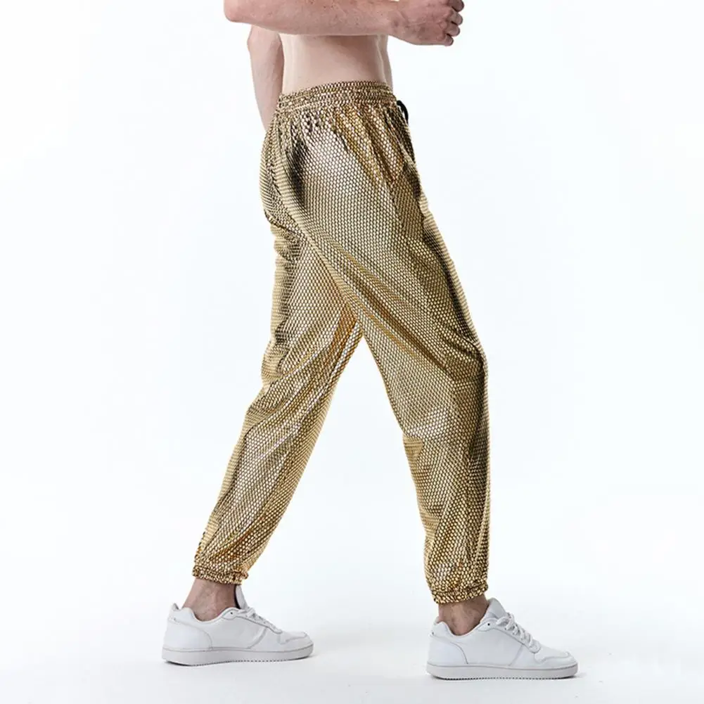 

70s Disco Pants Retro 70s Disco Men's Pants Elastic Waist Rhombus Bronzing Metallic Ankle Length Club Party Trousers Men Pants