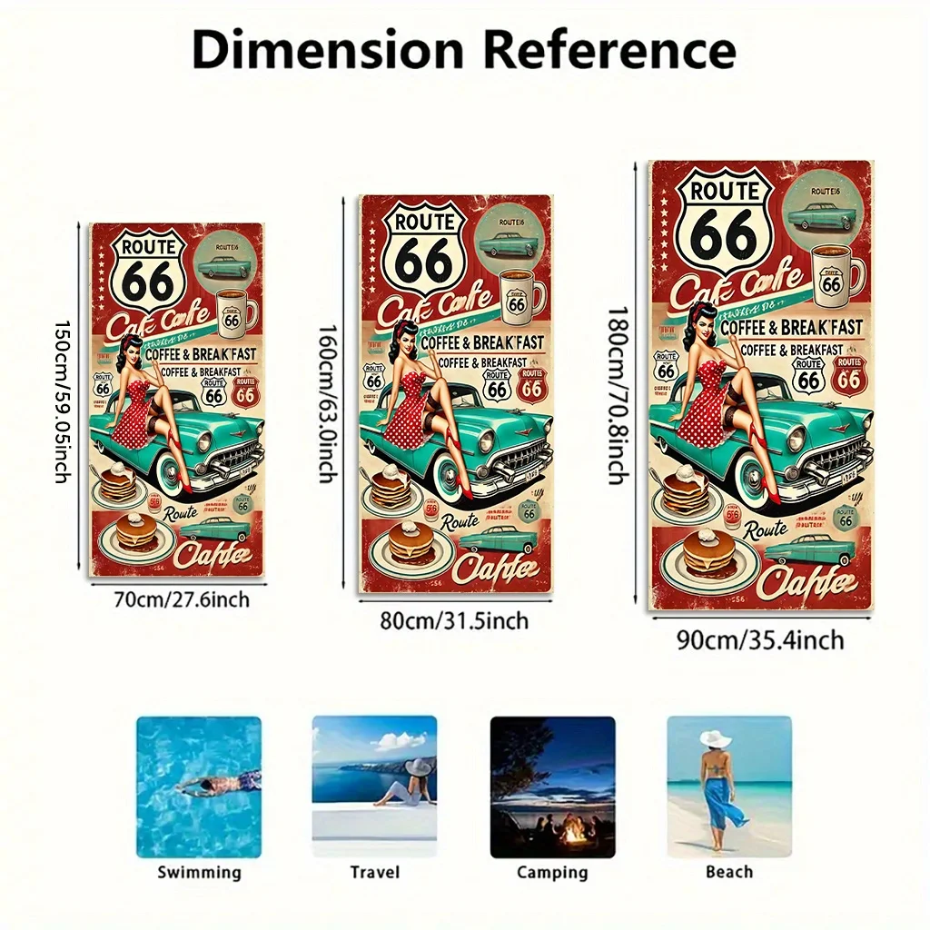 Route 66 Windmill Beach Towel, Classic Car and Coffee Artistic Design Quick-Dry Sand-Free Bath Towel for Beach and Picnic