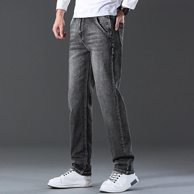 Anti-theft Zipper Pocket Design Jeans Men Dark Grey Regular Fit Stretch Denim Pants Fashion Casual Slim Trousers Men Brand