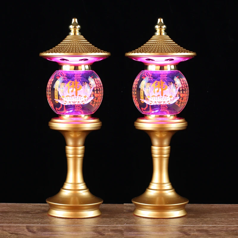 Buddha Crystal Led Lotus Lamp, Buddhist Supplies, Colorful Buddha Front Lamp, Eternal Flame, Plug-in Pair Decor Light