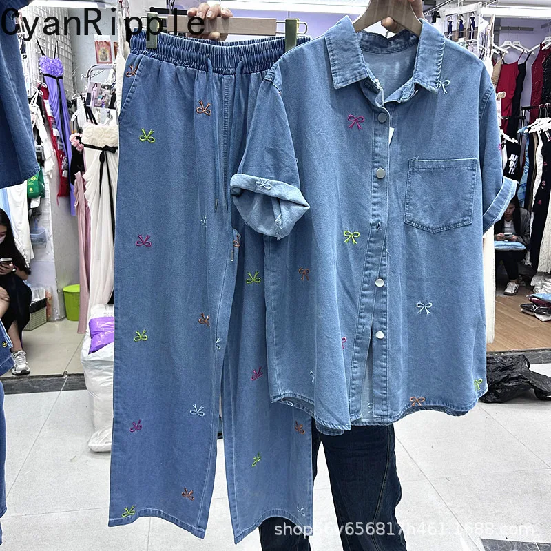 

New Spring Summer Women Two-piece Set Embroidery Loose Short Sleeve Denim Cardigans Shirts + Elastic Waist Casual Straight Jeans